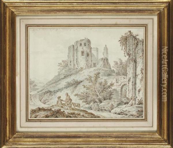 Ruines Du Chateau De Montfort L'amaury Avec Des Bergers Au Premier Plan Oil Painting - Johann Georg Wille
