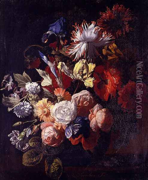 Still Life Of Irises, Poppies, Roses, Tulips, Peonies, Snowballs And Other Flowers In A Vase On A Stone Ledge Oil Painting - Simon Pietersz. Verelst