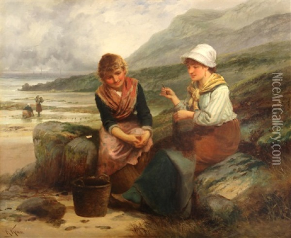 Fishergirls Mending Nets On The Beach Oil Painting - Robert Kemm