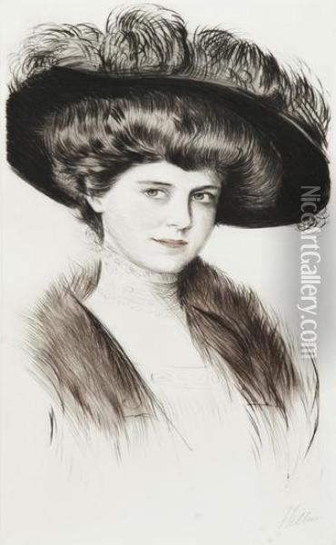 Portrait Of A Lady In A Feathered Hat Oil Painting - Paul Cesar Helleu