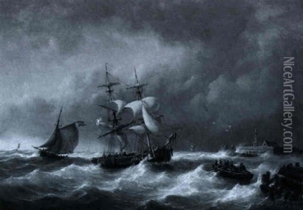 Schiffe In Kustennahe Auf Ruhiger See  Sturm An Der      Kuste Oil Painting - George Willem Opdenhoff