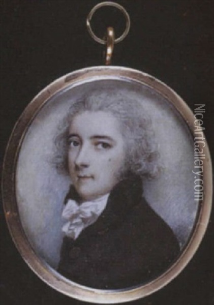 A Young Gentleman With Natural Powdered Hair And Mole On His Cheek, Wearing Brown Coat With Large Buttons And White Cravat Oil Painting - Andrew Plimer