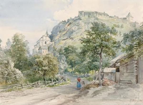 Landschaft Mit Einer An Einem Felsen Gebauten Kirche Oil Painting - Josef Hoger