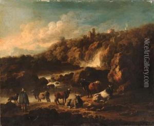 A Mountainous Landscape With A Drover By A River Oil Painting - Johann Melchior Roos