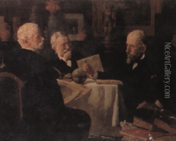 Three Geographers Studying Books And Maps In An Interior Oil Painting - Louis Charles Moeller