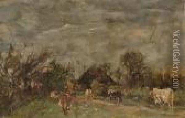 Cows In A Stormy Landscape Oil Painting - William Mark Fisher