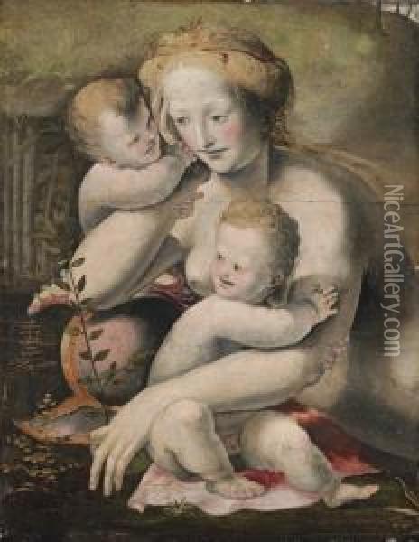 Venus With Two Putti: A Fragment Oil Painting - Domenico Beccafumi