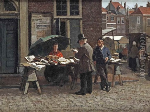 The Bookstall Of Jozef Blok On The Groote Markt In Front Of The Boterwaag, The Hague Oil Painting - Theodorus Ludovicus Mesker