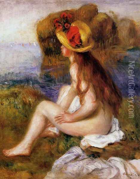 Nude In A Straw Hat Oil Painting - Pierre Auguste Renoir
