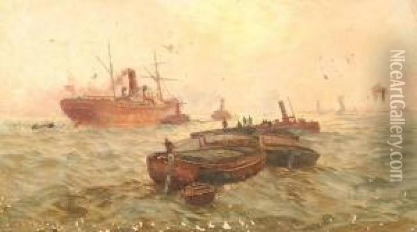 Ships In Harbor Oil Painting - Charles John de Lacy
