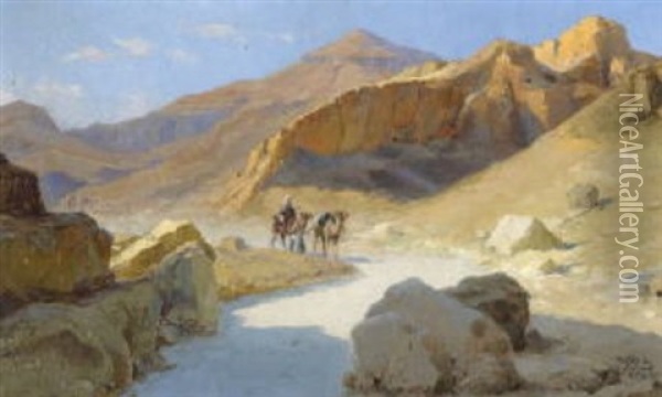 Beduinen Mit Kamelen In Felsiger Wustenlandschaft Oil Painting - Tony Binder