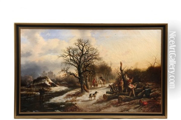 Woodcutters At Frozen River Oil Painting - Alexis de Leeuw