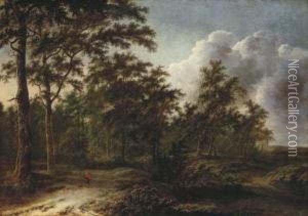 A Wooded Landscape With Huntsmen On A Path Oil Painting - Adriaen Hendricksz. Verboom