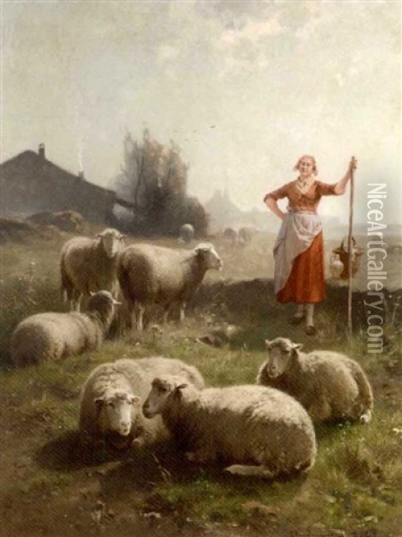 A Shepherdess And Her Flock (in Collab. W/jan David Col) Oil Painting - Cornelis van Leemputten