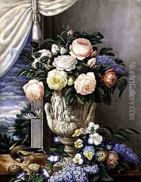 Flowers in a vase on a stone ledge Oil Painting - L. Cugnier