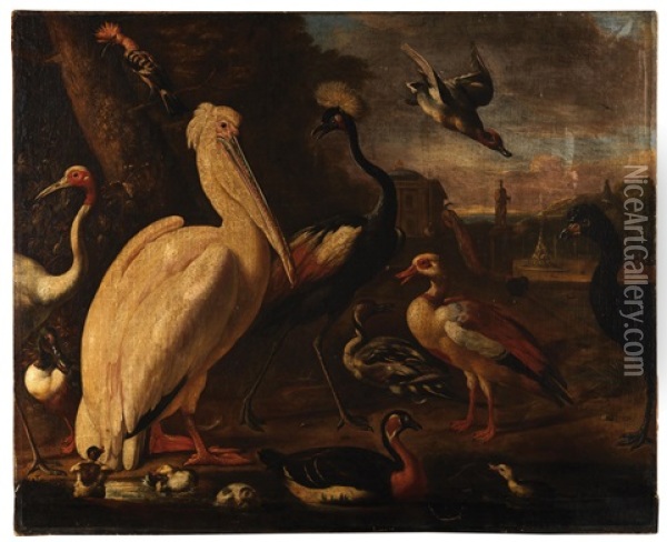 A Pelican And Other Birds By The Water Oil Painting - Melchior de Hondecoeter