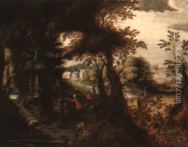 Wooded River Landscape On The Outskirts Of A Town With Travellers Oil Painting - Abraham Govaerts