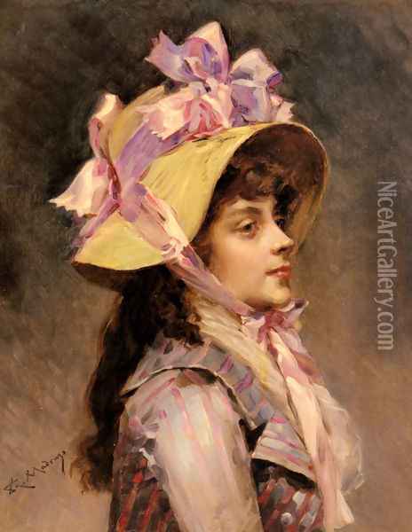 Portrait Of A Lady In Pink Ribbons Oil Painting - Raimundo de Madrazo y Garreta