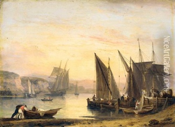 An Estuary Scene With Fishermen Unloading The Boats In A Calm, A Schooner In The Background Oil Painting - Thomas Luny