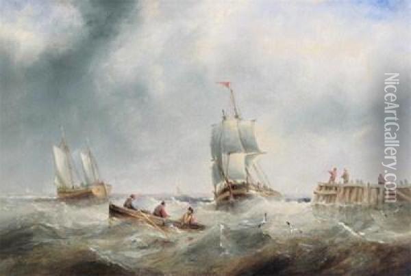 Sailing Vessels Off A Pier Oil Painting - Henry Redmore