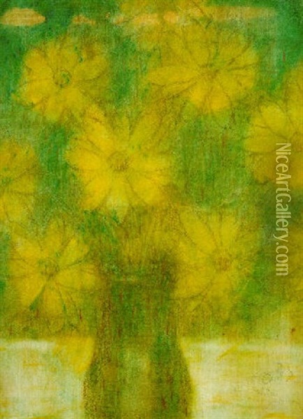 Vase Mit Gelben Blumen Vor Blaugrunem Hintergrund Oil Painting - Christian Rohlfs