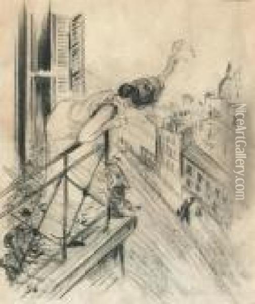 Farewell Scene With Waving Woman On Balcony. Oil Painting - Theophile Alexandre Steinlen