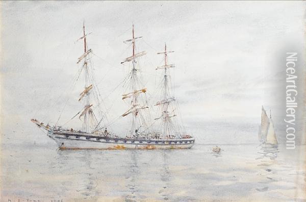 A Three-masted Windjammer Lying At Anchor Inthe Carrick Roads Oil Painting - Henry Scott Tuke