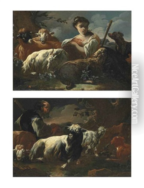 A Herdsman With Goats Resting In A Wooded Landscape (+ A Herdswoman With Goats And A Dog Resting In A Wooded Landscape; Pair) Oil Painting - Cajetan Roos