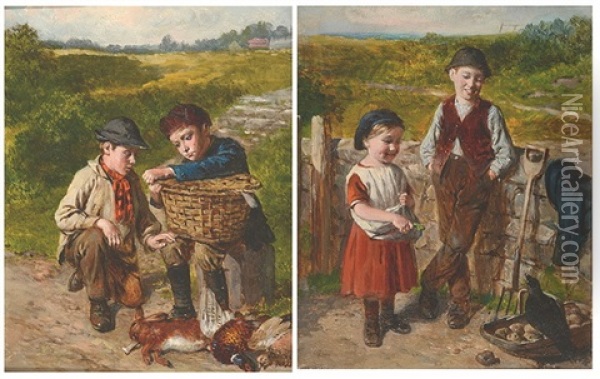 Curiosity; Peck Away Jack (pair) Oil Painting - William Hemsley