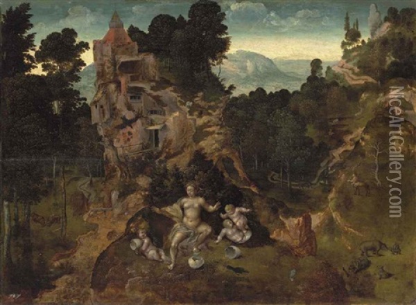 A Mountainous Landscape With Leda And Her Hatchlings, Saint Antony Abbot And The Centaur Beyond Oil Painting - Jan van (Brunswich Monogrammist) Amstel