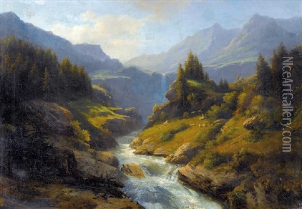 Gebirgsbach Mit Wasserfall Oil Painting - Carl Friedrich Seiffert