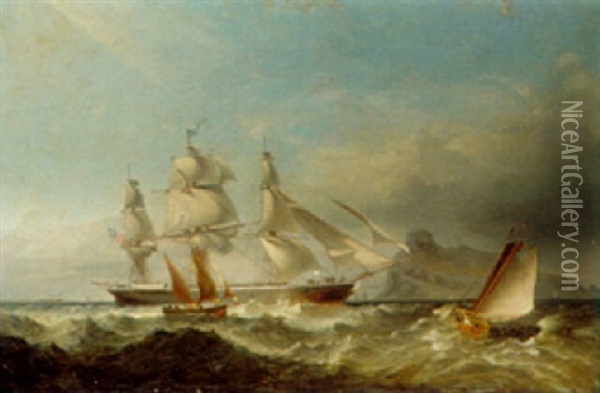 A Clipper Ship Off The Mumbles Lighthouse, Swansea Oil Painting - James Harris
