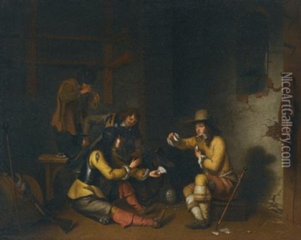 Four Soldiers In A Guardroom Smoking, Drinking, And Playing Cards Oil Painting - Gerbrand Van Den Eeckhout