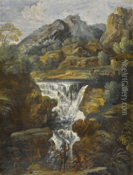 Mountainous Landscape With A Waterfall, With Fishermen In The Foreground Oil Painting - Pietro da Cortona