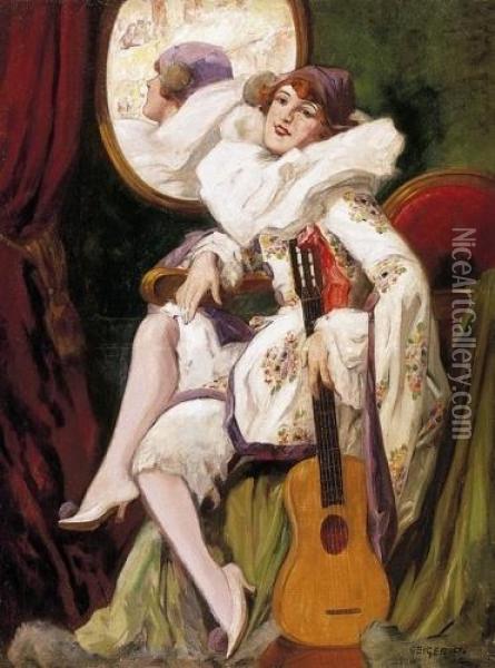 Pierrot With A Guitar Oil Painting - Richard Geiger