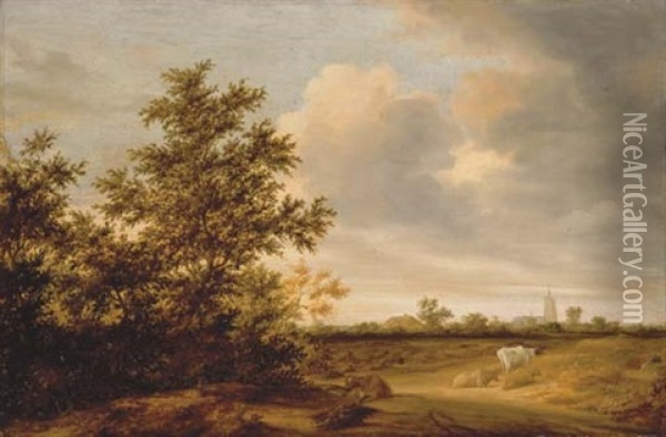 A Wooded Landscape With Cattle, A Church Beyond Oil Painting - Jacob Salomonsz van Ruysdael