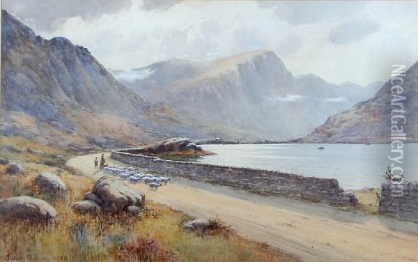 A Mountainous Lakeside Scene With Shepherd Andflock Oil Painting - Warren Williams
