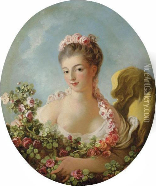 Young Woman With A Garland Of Roses (said To Be Adeline Colombe) Oil Painting - Jean-Honore Fragonard