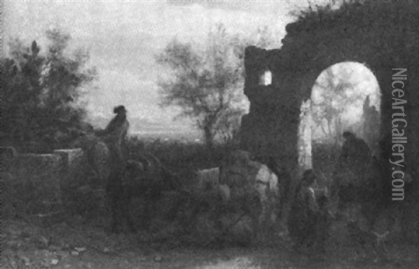 Lagernde Zigeuner Vor Sudlandischen Ruinen Oil Painting - Alois Schoenn