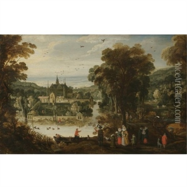 A Landscape With A Moated Palace, And Figures Awaiting The Ferry On The Near Side Oil Painting - Philips de Momper the Younger