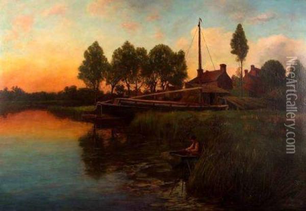 Broads Scene At Sunset Oil Painting - Walter H. Goldsmith