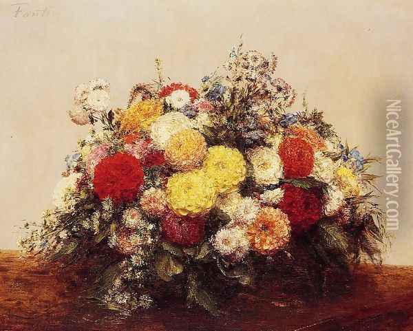 Large Vase of Dahlias and Assorted Flowers Oil Painting - Ignace Henri Jean Fantin-Latour