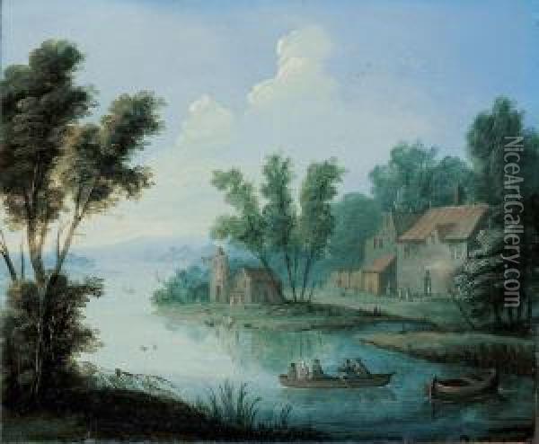 Flusslandschaft Mit Ruderboot Und Gehoft Oil Painting - Jan Peeter Van Bredael D. J.