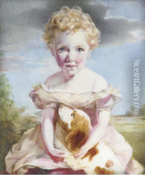 A Young Girl In A Pale Pink Dress Seated Cuddling Her Spaniel;landscape And Sky Background Oil Painting - Annie Dixon