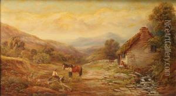 'north Wales',figures With A Horse By A Cottage Oil Painting - Henry Harris
