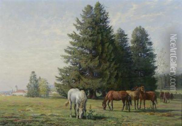 Weidende Pferde. Imhintergrund Eine Stadt Oil Painting - Edouard Jeanmaire