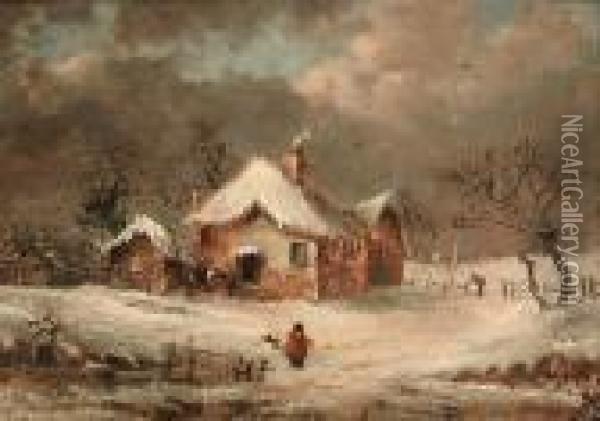 A Winter Landscape; A House Ablaze At Night Oil Painting - George, of Chichester Smith