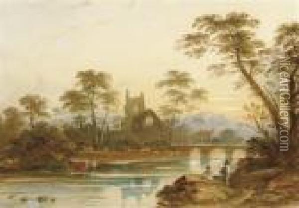 Abbey Ruins, Thought To Be Tintern, At Dusk Oil Painting - John Varley