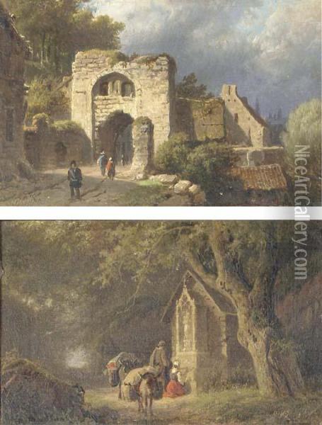 At The Old Town Gate; And Travellers By A Chapel In A Forest Oil Painting - Barend Cornelis Koekkoek