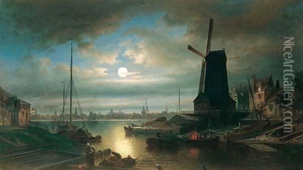 Nederlandse Stad Bij Maanlicht (Dutch Town By Moonlight) Oil Painting - Elias Pieter van Bommel